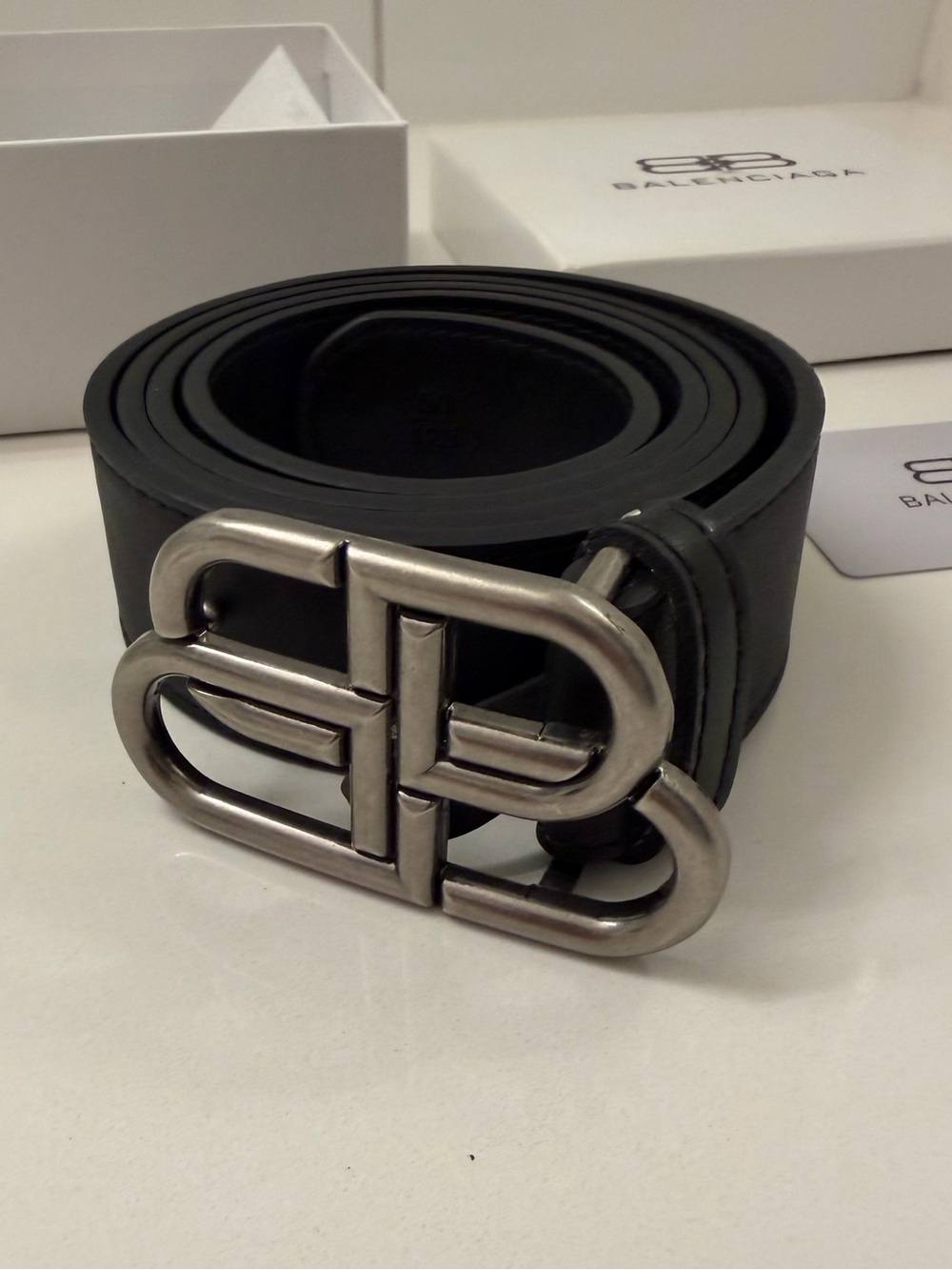 Balenciaga BB Logo Double Buckle Black Leather Belt – Silver Hardware